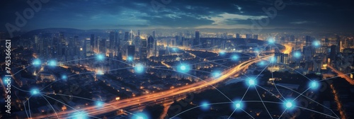 Connected Smart City Infrastructure - A panoramic view of a smart city with interconnected digital networks
