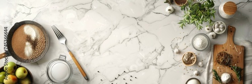 Culinary Delights Overhead - An overhead view of a kitchen scene with assorted spices and ingredients, ideal for food bloggers and culinary websites.