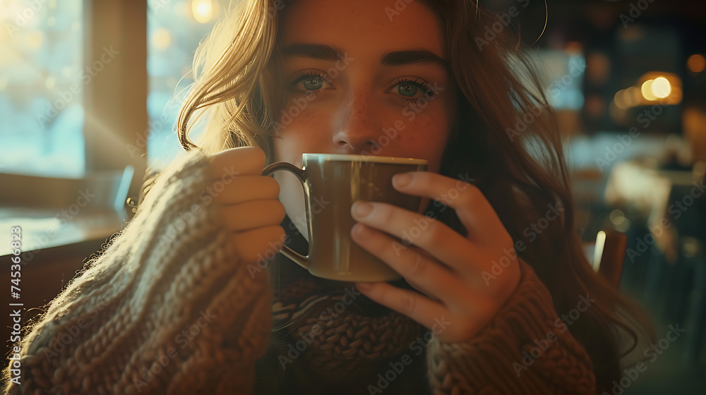 Uma jovem mulher desfrutando de um momento tranquilo com um café quente em um café aconchegante com vista para a cidade - obrazy, fototapety, plakaty 