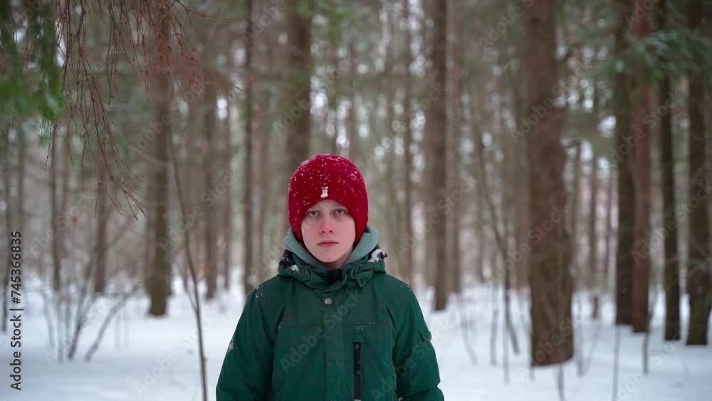 Young boy stands against the backdrop of a winter forest and smiles Young boy stands against the backdrop of a winter forest and smiles