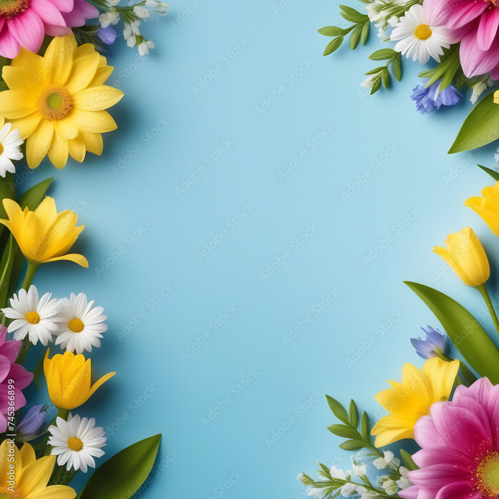 Spring flowers postcard with flame for text happy easter March 8 women day blue background Spring flowers postcard with flame for text happy easter March 8 women day blue background