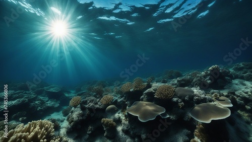 underwater scene with coral reef A dark blue ocean surface seen from underwater. The water is clear and calm, and the sun is high   © Jared