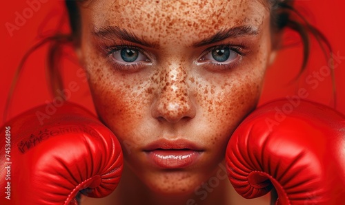 A beautiful young sporty boxing girl in a defense position