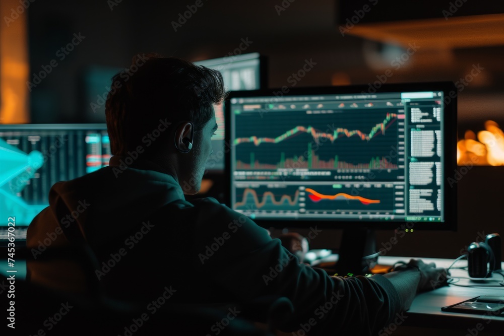 analyst sits at a display with sports charts, analytics and statistics of a football match analyst sits at a display with sports charts, analytics and statistics of a football match