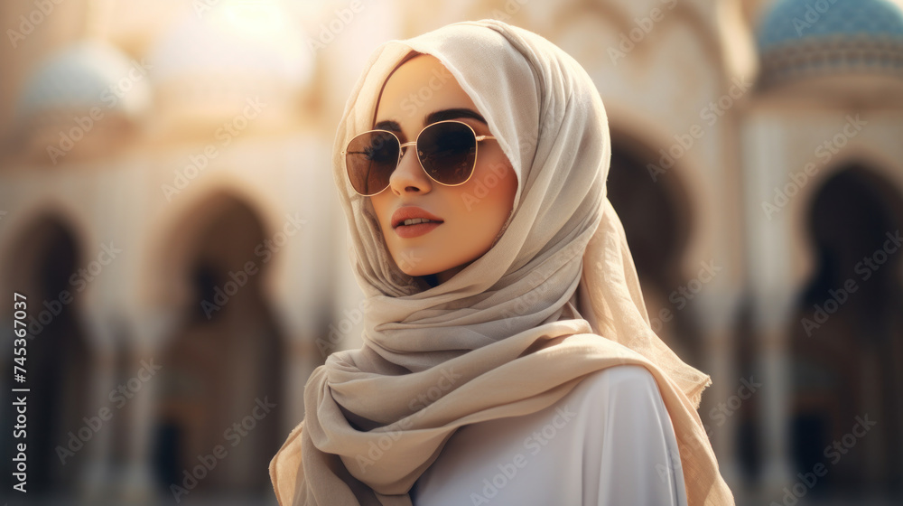Close-up portrait of beautiful muslim woman in beige hijab on downtown urban background. Close-up portrait of beautiful muslim woman in beige hijab on downtown urban background.