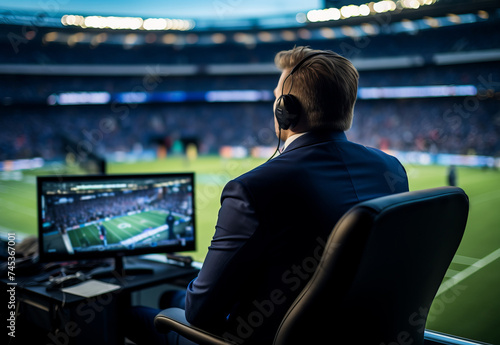a sports commentator sits at the monitor against the backdrop of the football field of the stadium