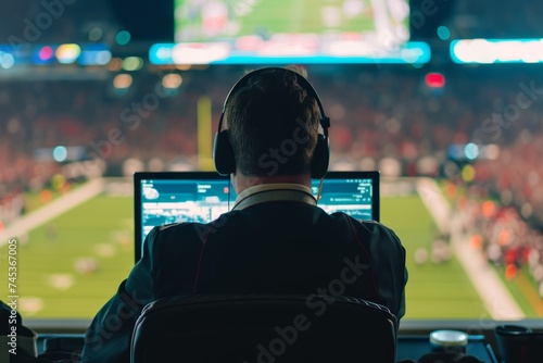 a sports commentator sits at the monitor against the backdrop of the football field of the stadium photo