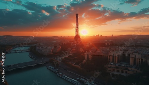 panoramic aerial view of a city similar to Paris and the Eiffel Tower, evening sunset sky, AI generation