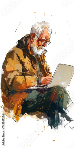 Illustration of a elder man using a laptopIllustration of a elder man using a laptop