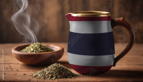 A teapot with the Thailand flag printed on it is on the table, next to it is a mug of tea and green tea is scattered. Concept of tea business, friendship, partnership