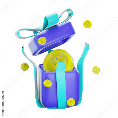 3d blue gift box and gold coin icon isolated on transparent background-3D illustration