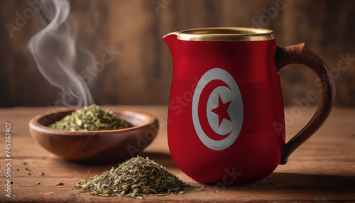A teapot with the Tunisia flag printed on it is on the table, next to it is a mug of tea and green tea is scattered. Concept of tea business, friendship, partnership