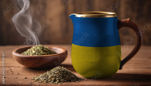 A teapot with the Ukraine flag printed on it is on the table, next to it is a mug of tea and green tea is scattered. Concept of tea business, friendship, partnership