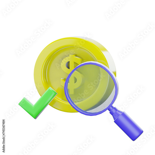 3d gold coin magnifying glass and checklist icon isolated on transparent background-3D illustration