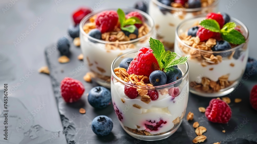 Healthy breakfast. Yogurt with granola and fresh berries. Diet, low calorie, weight loss food. Active, fit, healthy lifestyle. Healthy breakfast. Yogurt with granola and fresh berries. Diet, low calorie, weight loss food. Active, fit, healthy lifestyle.