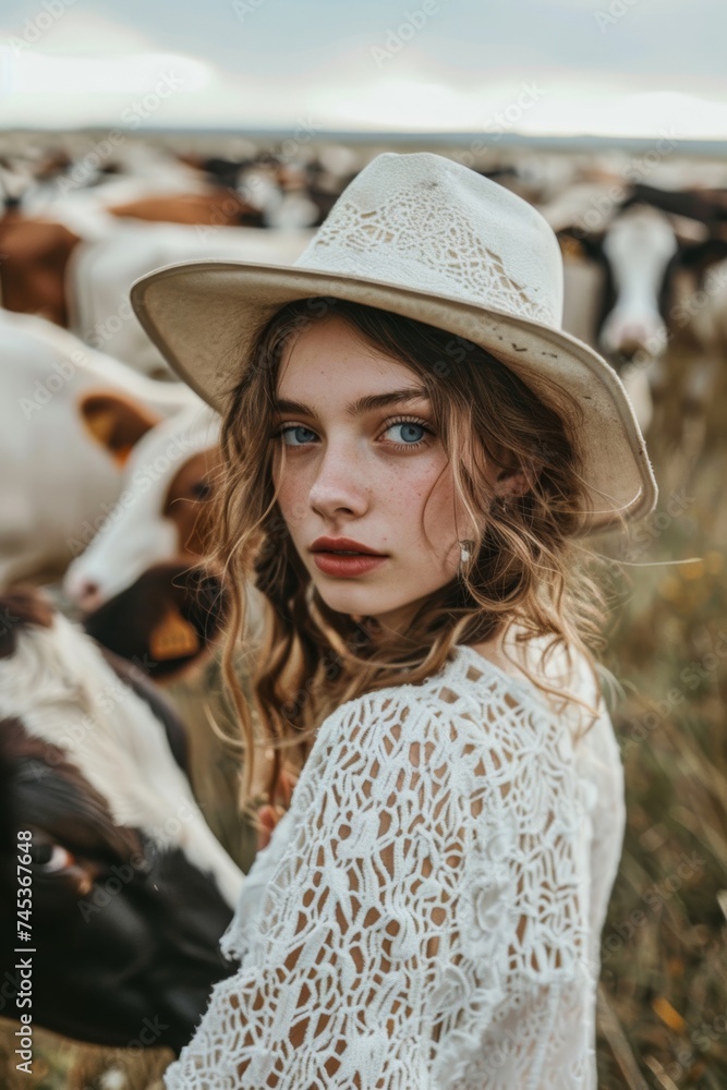 A young woman wearing a white hat and lace dress stands among cows in a rural setting