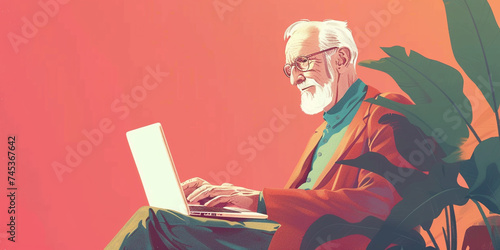 Illustration of a elder man using a laptopIllustration of a elder man using a laptop photo