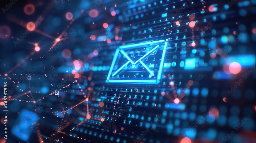 Futuristic electronic mail documentation concept with glowing blue neon envelope and paper document. 3D Illustration Futuristic electronic mail documentation concept with glowing blue neon envelope and paper document. 3D Illustration