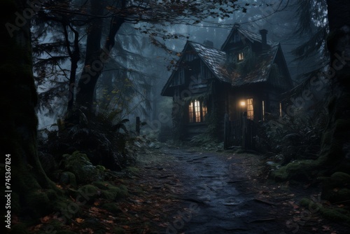 Mystic Woodland House at Dusk - Twilight descends on a secluded house in a mysterious forest setting