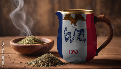 A teapot with the Iowa flag printed on it is on the table, next to it is a mug of tea and green tea is scattered. Concept of tea business, friendship, partnership