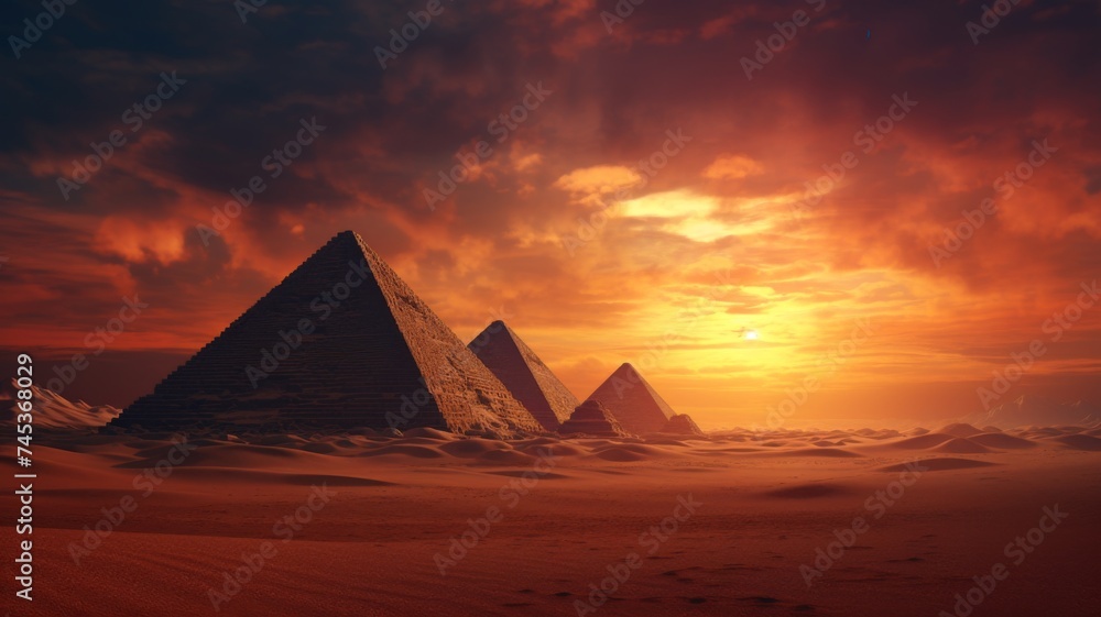 Surreal Desert Pyramids Scene - An imaginative portrayal of the Giza pyramids amidst a desert at dusk