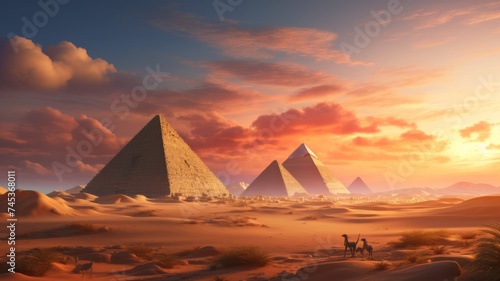 Majestic Pyramids at Sunset - The iconic Egyptian pyramids bask in the golden light of sunset