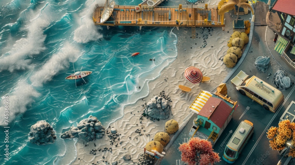 Naklejka premium Top view of Miniature Seaside Townscape - A playful bird's-eye view of a seaside town, resembling a miniature model, suitable for creative projects and urban design.