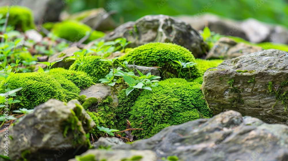 Beautiful Bright Green moss grown up cover the rough stones and on the floor in the forest. Show with macro view. Rocks full of the moss texture in nature for wallpaper Beautiful Bright Green moss grown up cover the rough stones and on the floor in the forest. Show with macro view. Rocks full of the moss texture in nature for wallpaper