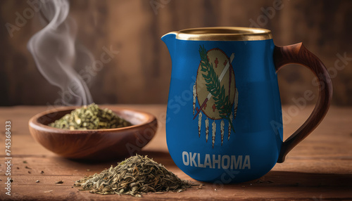 A teapot with the Oklahoma flag printed on it is on the table, next to it is a mug of tea and green tea is scattered. Concept of tea business, friendship, partnership