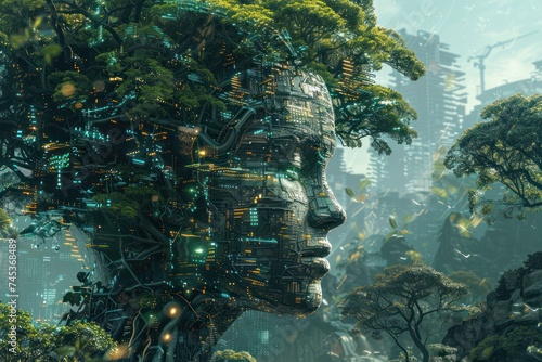 A detailed depiction of advanced technology merging with nature in a digital world