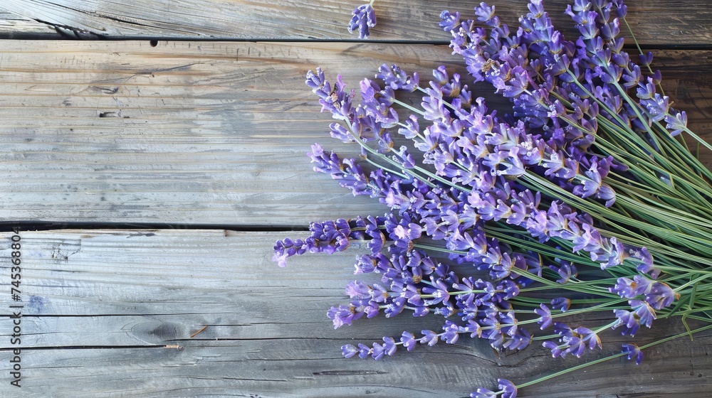 Obraz premium Lavender bouquet on wooden background banner