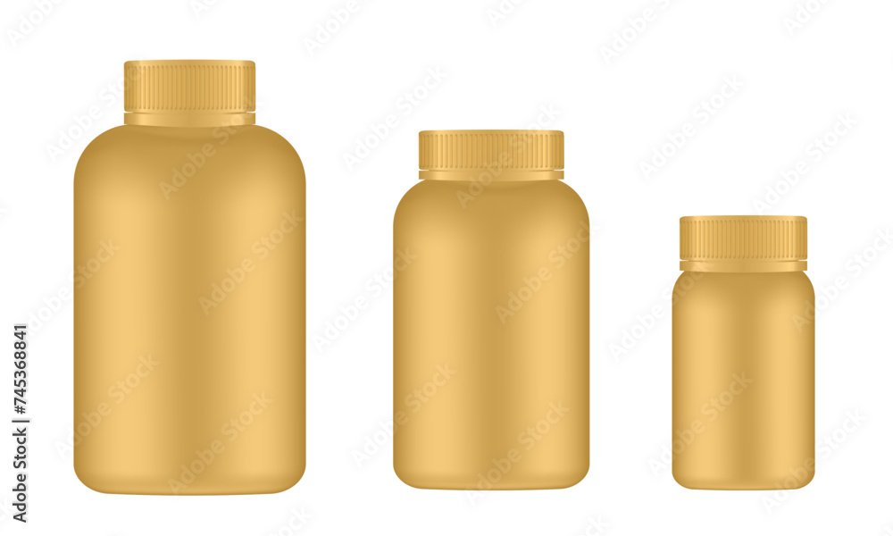Set of big, medium and small medical pill bottles. Gold jar with lid. Plastic medicine container. 3d mockup of a packaging for pharmacy Set of big, medium and small medical pill bottles. Gold jar with lid. Plastic medicine container. 3d mockup of a packaging for pharmacy