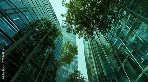Lush green trees reflecting on the modern glass facades of skyscrapers, evoking concepts of eco-friendly urban planning and sustainable architecture