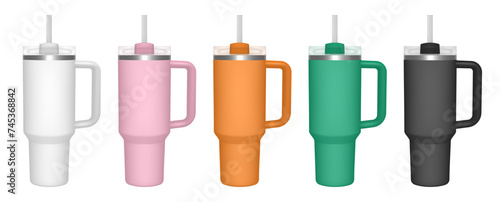 Thermo cup with handle and straw. 3d mockup of a travel thermos. Set of white, pink, orange, green and black mugs. Tumbler template. Transparent lid photo