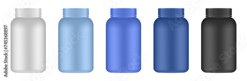 Set of medium sized medical pill bottles. White, blue and black jars. Plastic medicine container. 3d mockup of a pharmaceutical packaging