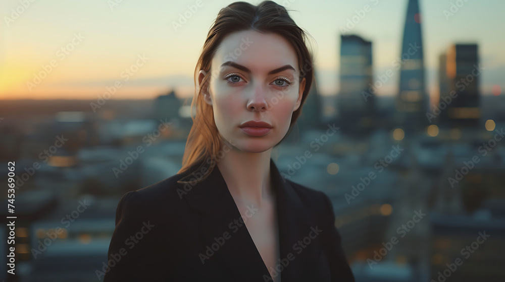 Um close-up com uma lente de 50mm de uma jovem mulher de negócios confiante. - obrazy, fototapety, plakaty 