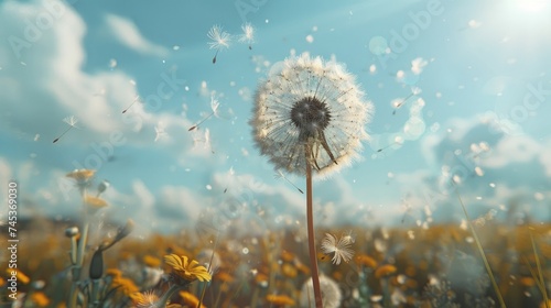 Beautiful dandelion and flying seeds against blue sky on sunny day