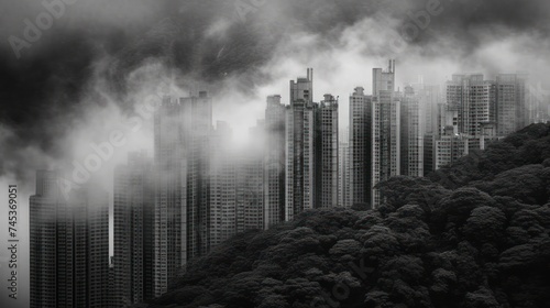 a black and white photo of a city with tall buildings on a hill in the foreground and fog in the background.