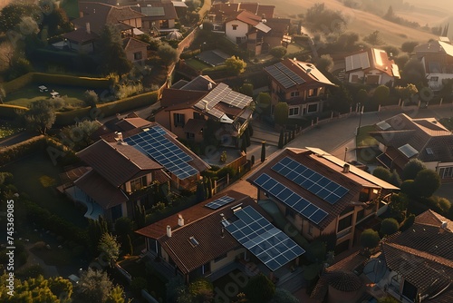 An aerial snapshot capturing the beauty of solar-powered houses harmoniously integrated into the natural landscape.