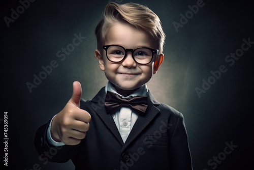 boy  schoolboy  in a business suit shows thumbs up with a smile on his face on a dark studio background.