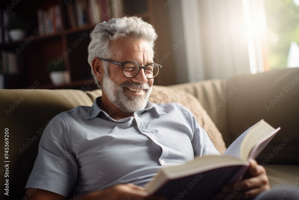 Cheerful African American man holding a book and sitting on a sofa at home. Cheerful African American man holding a book and sitting on a sofa at home.