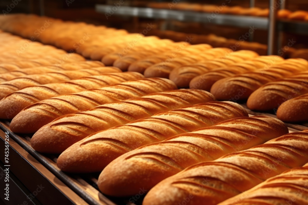 Baked bread on a bakery production line. bread production