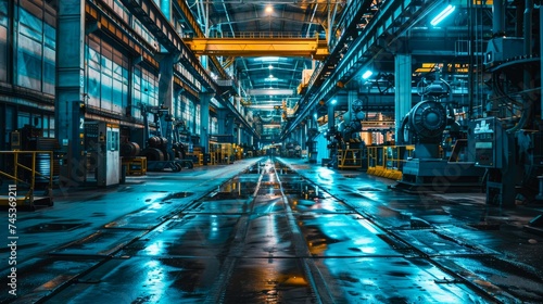 An atmospheric capture of a large industrial factory hallway bathed in dramatic blue lighting, symbolizing innovation