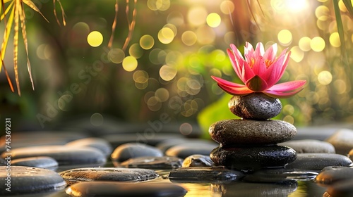 Spa background setting with lotus and massage stones