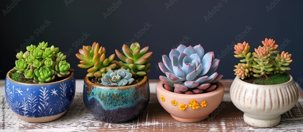Multiple small succulent plants are arranged in ceramic pots, adding a decorative touch to the interior space. The green and colorful plants create a visually appealing display.