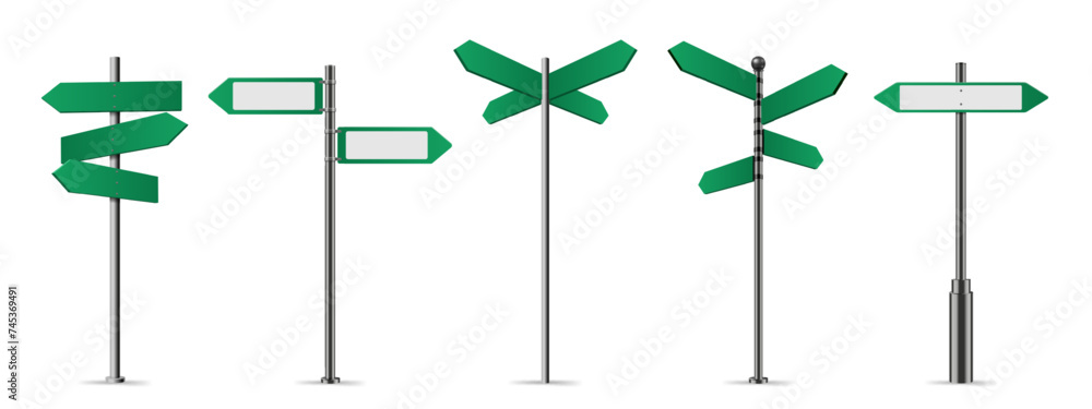 Green street signs. Directional pole with wayfinding arrows, finger post sign isolated realistic vector illustration set - obrazy, fototapety, plakaty 