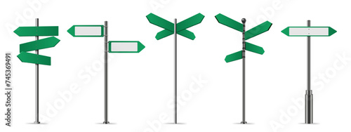 Green street signs. Directional pole with wayfinding arrows, finger post sign isolated realistic vector illustration set photo