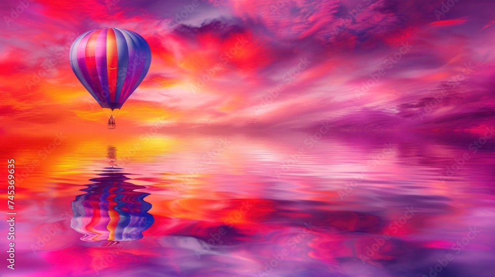 Obraz premium a painting of a hot air balloon flying over a body of water with a colorful sky and clouds in the background.