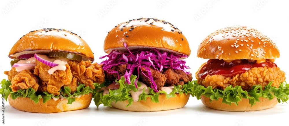 Three burgers, including Dynamite fried chicken and chicken slider, are placed side by side on a table. The burgers are freshly made, with juicy patties, lettuce, cheese, and sauces, ready to be Three burgers, including Dynamite fried chicken and chicken slider, are placed side by side on a table. The burgers are freshly made, with juicy patties, lettuce, cheese, and sauces, ready to be
