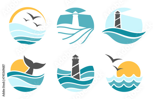 Aquatic environment logo collection. Ocean waves with whale tail in water, flying seagulls and lighthouse silhouette